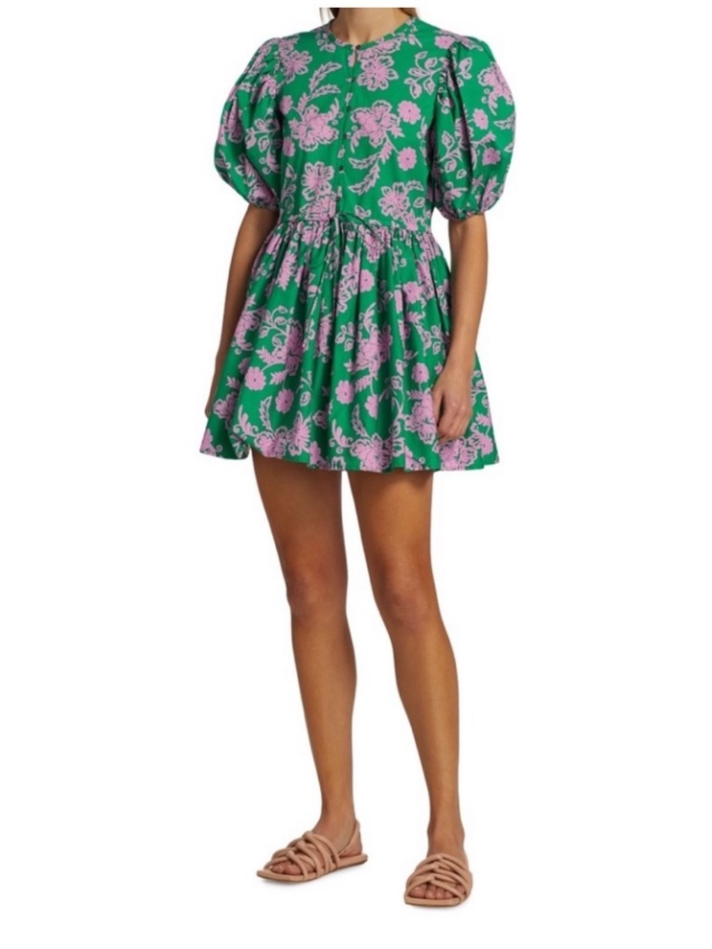 Xirena Aurie Green & Pink Puff Sleeve  Floral Mini Dress